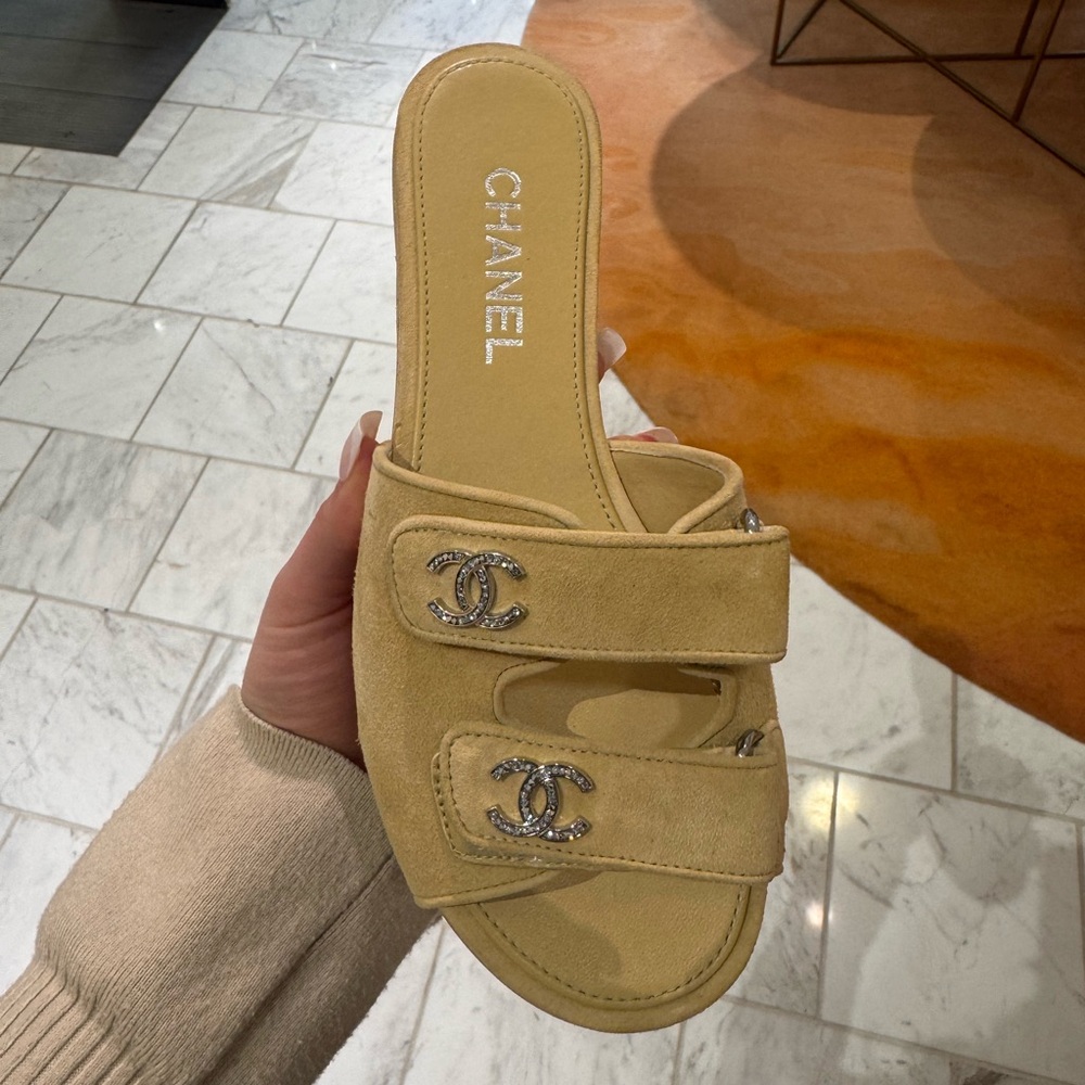 CHANEL Tan Slide Sandals with Silver Accents - Picture 2 of 5
